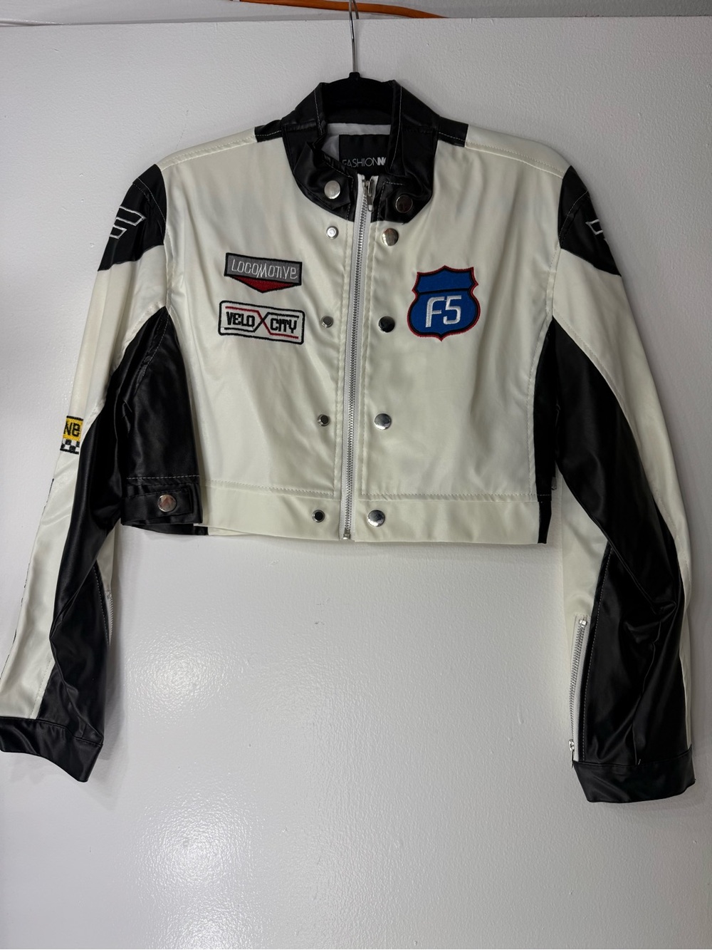 White & Black Cropped Racing Jacket with Patches